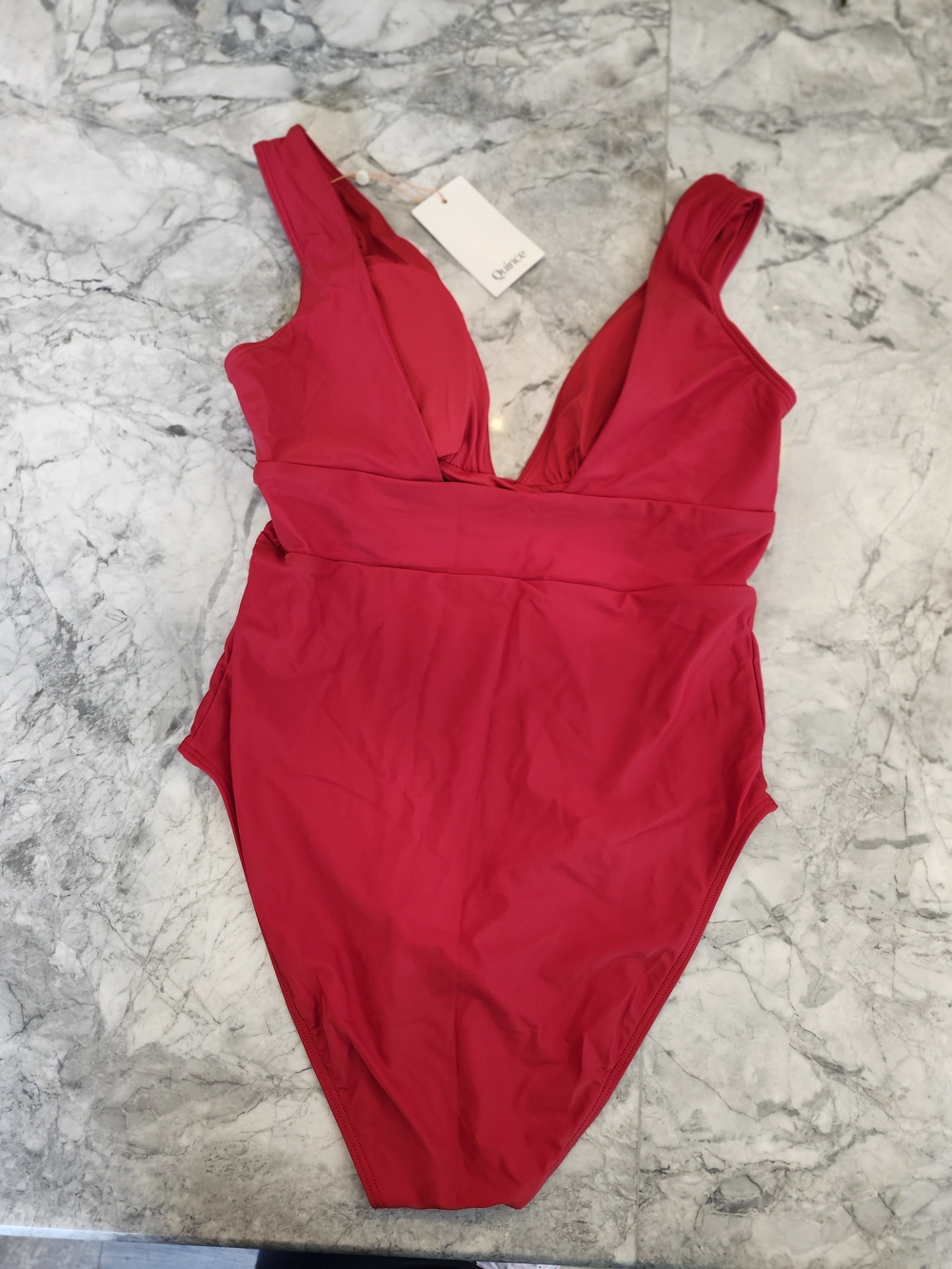 NWT Quince Italian Plunge One Piece Swimsuit L Cherry Red Sculpting Swimwear - Picture 9 of 9